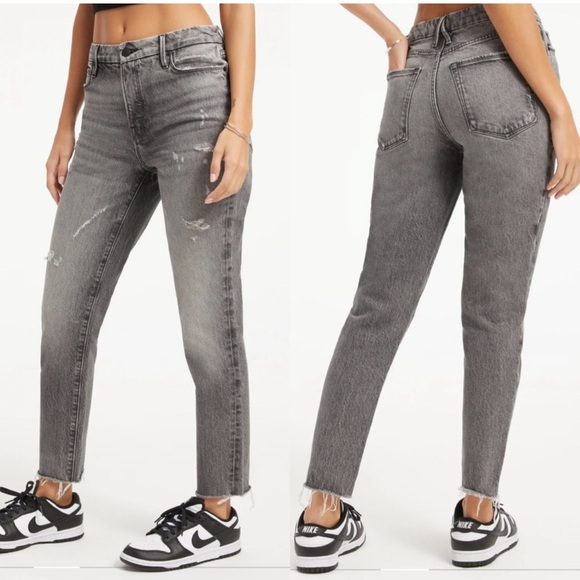 Good American The Weekender Gray Wash High Rise Slim Straight Fray Raw Hem NWT 2 - Picture 1 of 6